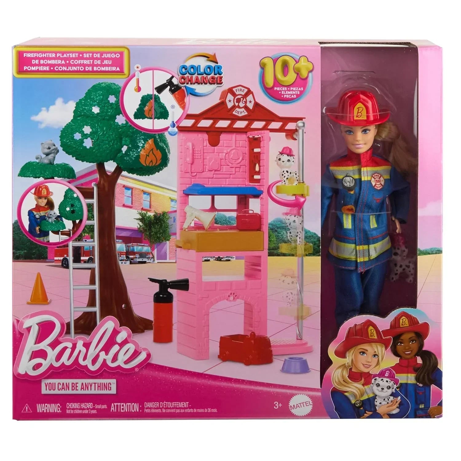 Barbie Careers Firefighter Doll & Playset with Fire Station & Tree, 2 Pets, Color-Change & 10+ Accessories Including Fire Extinguisher Squirt Toy - Jaiman Toys