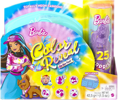Barbie Color Reveal Totally Neon Fashions Doll with Blue-Streaked Brunette Hair & 25 Surprises – Color-Change Gift for Kids