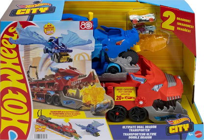 Hot Wheels City Toy Car Track Set – Ultimate Dual Dragon Transporter & 2 Die-Cast Cars
