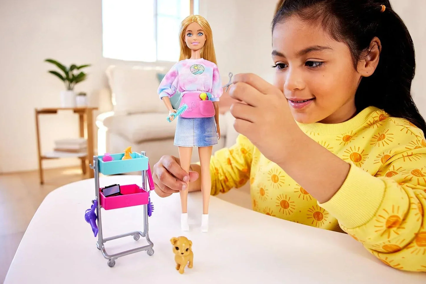 Barbie “Malibu” Stylist Doll & 14 Accessories Playset, Hair & Makeup Theme with Puppy & Styling Cart - Jaiman Toys