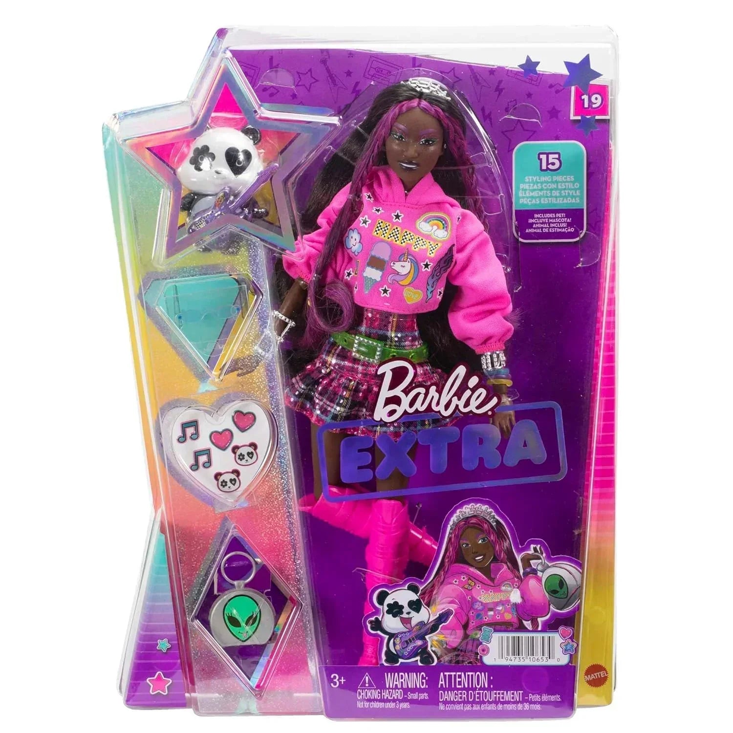 Barbie® Doll with Pet Panda, Extra, Kids Toys, Clothes and Accessories, Pink-Streaked Brunette Hair, Graphic Hoodie and Plaid Skirt - Jaiman Toys
