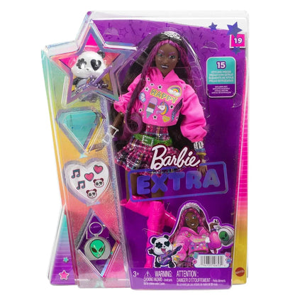 Barbie® Doll with Pet Panda, Extra, Kids Toys, Clothes and Accessories, Pink-Streaked Brunette Hair, Graphic Hoodie and Plaid Skirt - Jaiman Toys