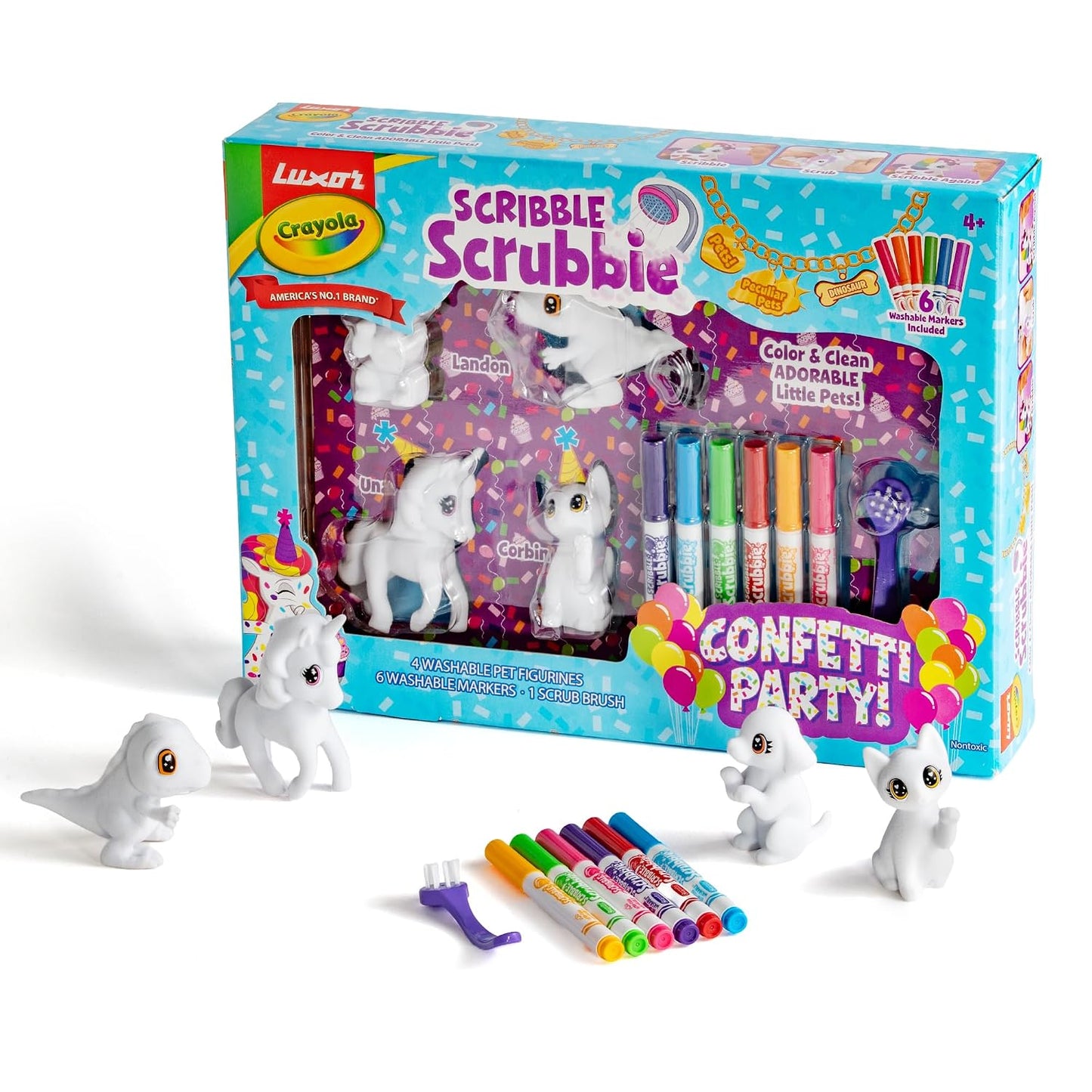 Luxor Crayola Scribble Scrubbie Confetti Party, 4 Washable Pets, 6 Markers & 1 Scrub Brush, Non-Toxic, Gift for Kids