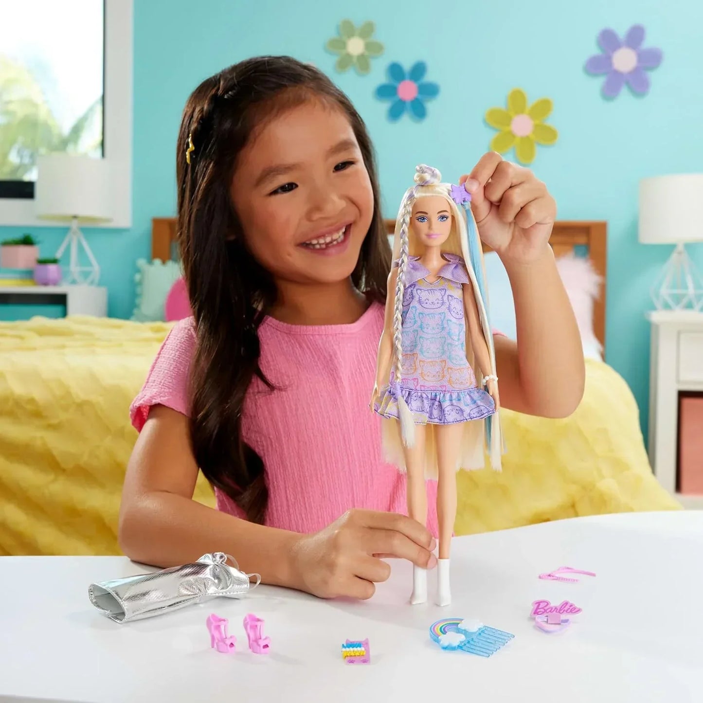 Barbie Fun & Fancy Blonde Fashion Doll – Extra-Long Hair, 2 Stylish Looks, Silver Metallic Dress & Colorful Hair Extension, Doll & Accessories Gift Set - Jaiman Toys