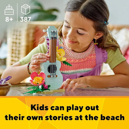 Smiling child building a LEGO guitar set with flowers, age 8+, 387 pieces, indoor play.