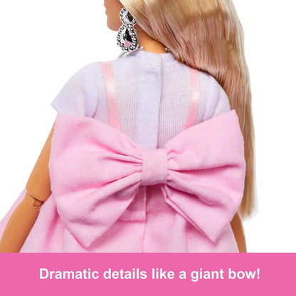 Barbie Deluxe Style Doll #3 in Barbiecore Outfit, Blond Hair in Top Knot, Pink Pastel Dress with Oversized Bow and Accessories Like Mesh Tights - Jaiman Toys