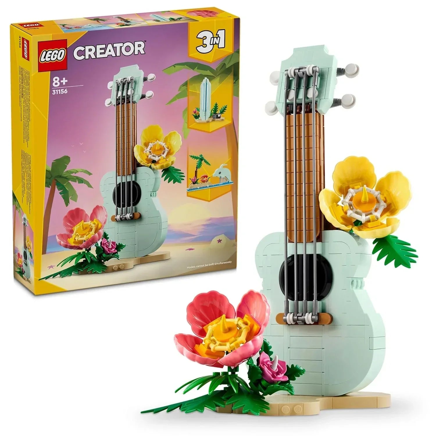 LEGO Creator 3-in-1 guitar building set with colorful flowers, box and model displayed