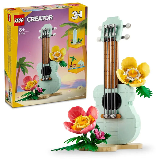 LEGO Creator 3-in-1 guitar building set with colorful flowers, box and model displayed