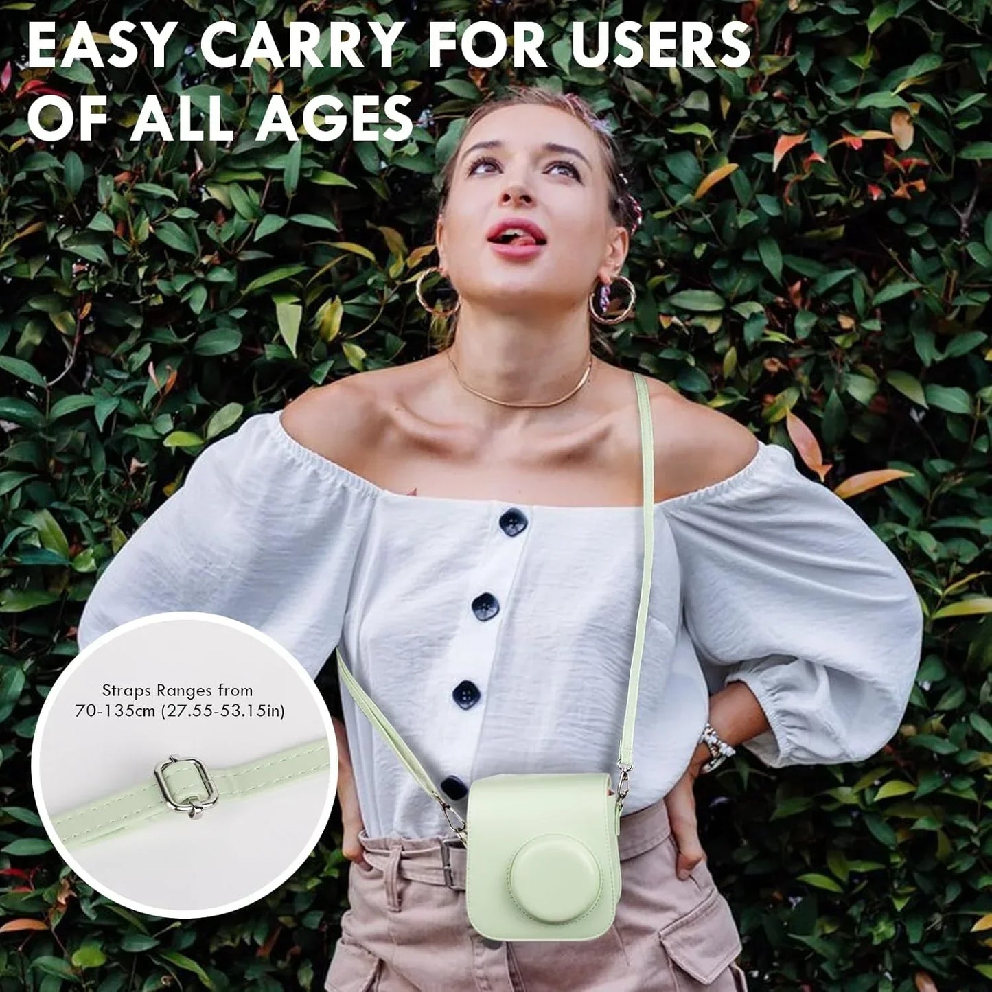 PU Leather Camera Case for Instax Mini SE – Protective Pouch with Adjustable Shoulder Strap - Green - Jaiman Toys