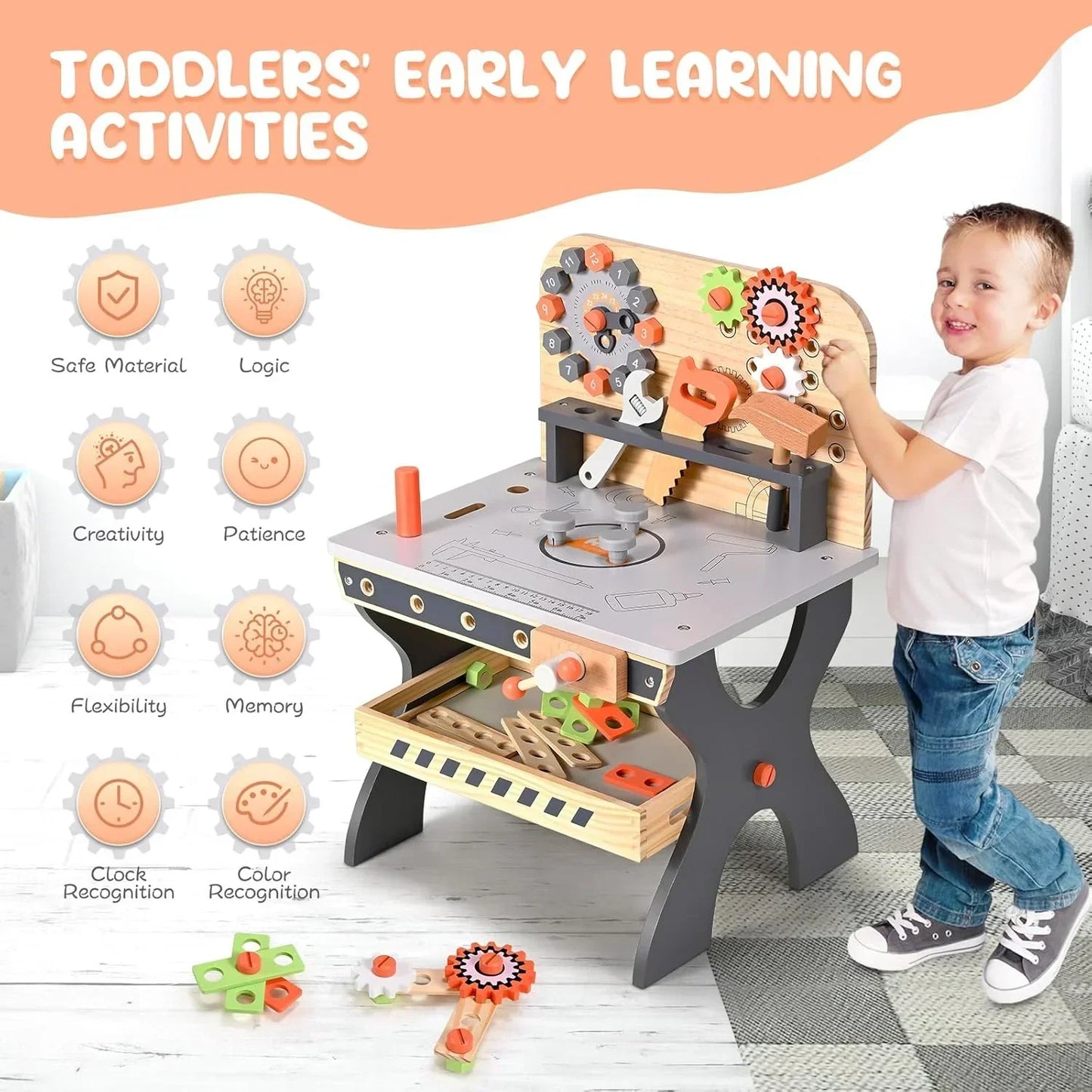Junior Builders Wooden Tool Bench – Pretend Play Workstation with Tools for Kids, 3+ - Jaiman Toys