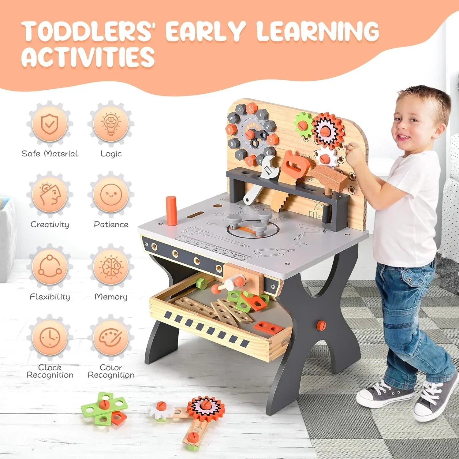Junior Builders Wooden Tool Bench – Pretend Play Workstation with Tools for Kids, 3+ - Jaiman Toys