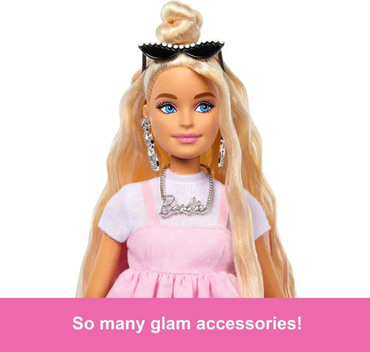 Barbie Deluxe Style Doll #3 in Barbiecore Outfit, Blond Hair in Top Knot, Pink Pastel Dress with Oversized Bow and Accessories Like Mesh Tights - Jaiman Toys