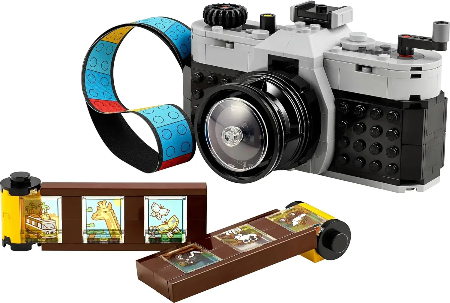 LEGO camera building set with colorful strap and toy film strips featuring animal images