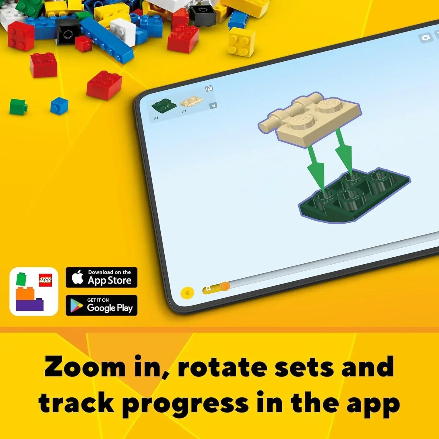 Tablet displaying LEGO building instructions app with colorful LEGO bricks scattered on yellow background.