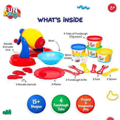Funskool FunDough Noodle Party Playset | Dough Noodle Maker with 4 Dough Tubs & Accessories | Creative Pretend Food Play for Kids 3+