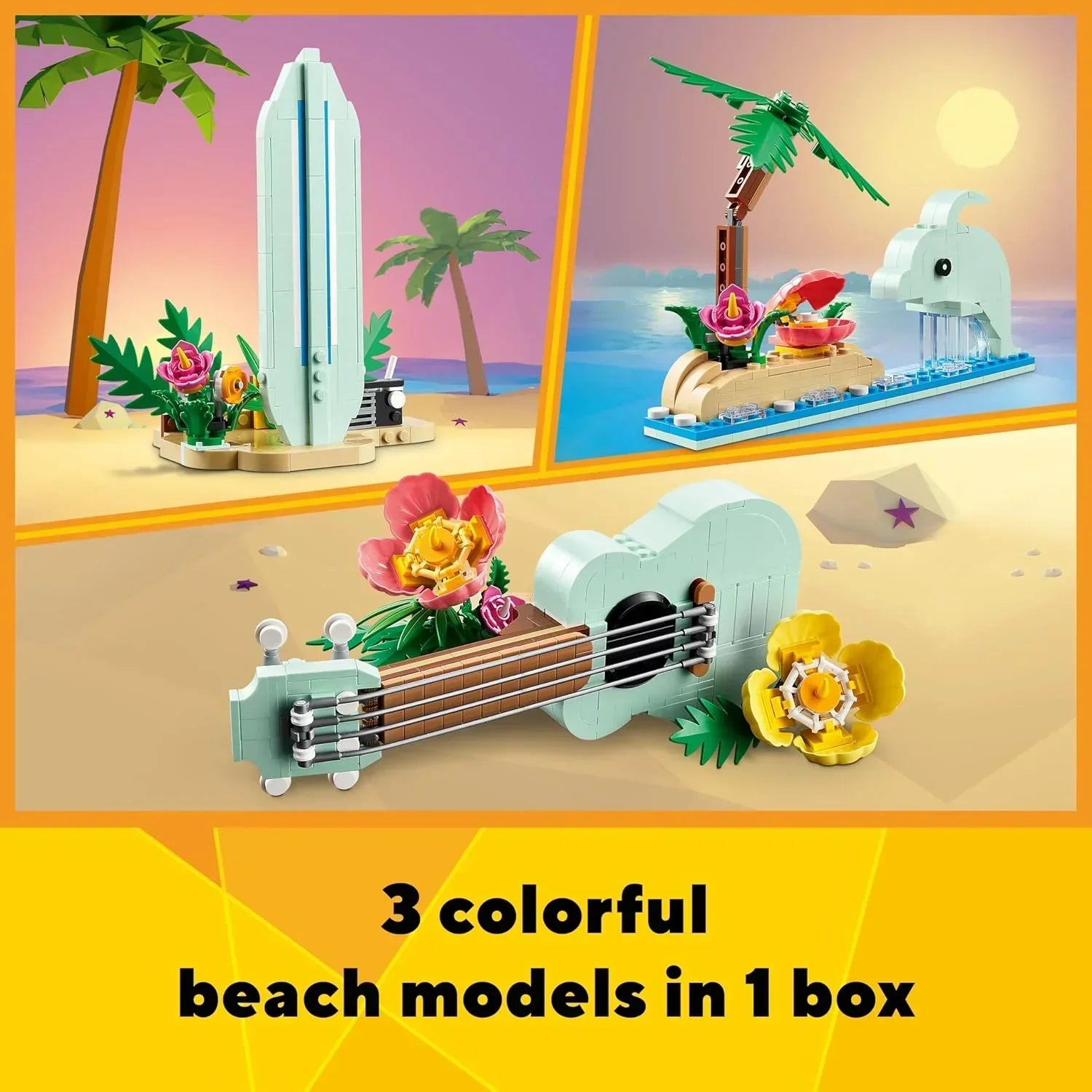 LEGO beach set with 3 models: guitar, surfboard, and dolphin island on sandy backgrounds.