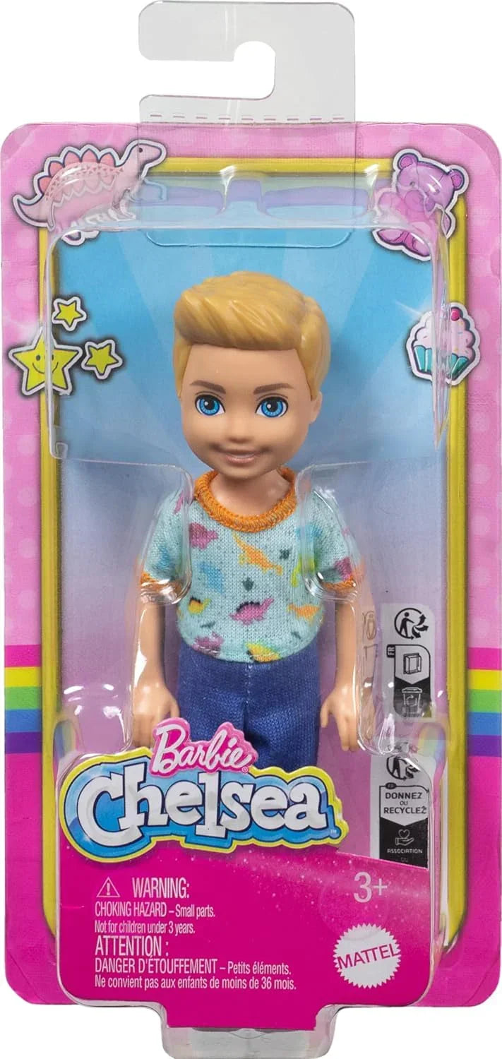 Barbie Chelsea Doll, Small Boy Doll Wearing Removable One-Piece with Dinosaur Print & White Shoes, Blond Hair & Blue Eyes - Jaiman Toys