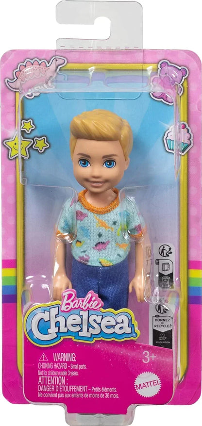 Barbie Chelsea Doll, Small Boy Doll Wearing Removable One-Piece with Dinosaur Print & White Shoes, Blond Hair & Blue Eyes - Jaiman Toys