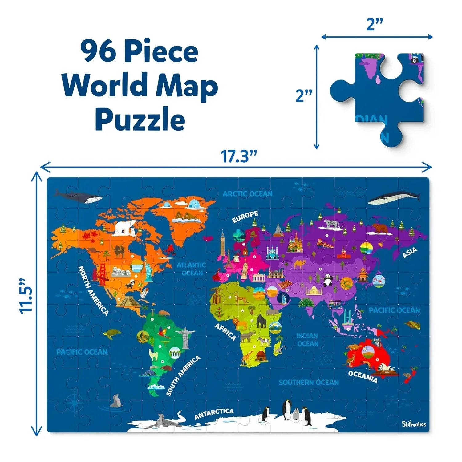 Skillmatics World Map Puzzle - 96 Piece Jigsaw Puzzle, Educational Toy, Geography for Kids, 400+ Facts, Gifts for Boys & Girls Ages 6 to 12 - Jaiman Toys