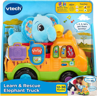 VTech Learn and Rescue Elephant Truck Pull Toy | Interactive Learning Rescue Truck with Plush Elephant, Lights, Sounds & Pretend Play for Toddlers