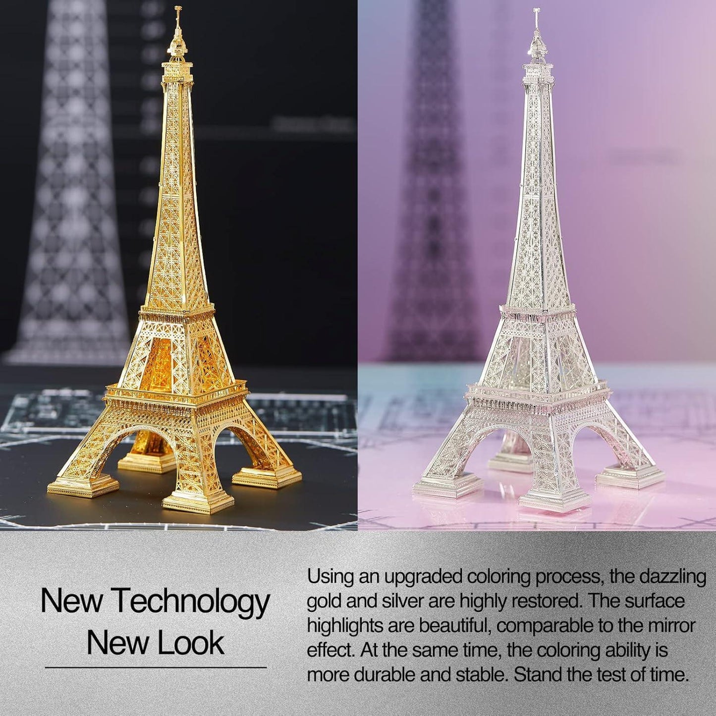 Piececool 3D Metal Puzzle Eiffel Tower (Large) Landmark Model – 96 Pieces – Level 3 Difficulty – Stainless Steel DIY Architecture Model Kit
