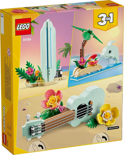 LEGO Creator 3-in-1 set box featuring buildable surfboard, guitar, and tropical island scene.