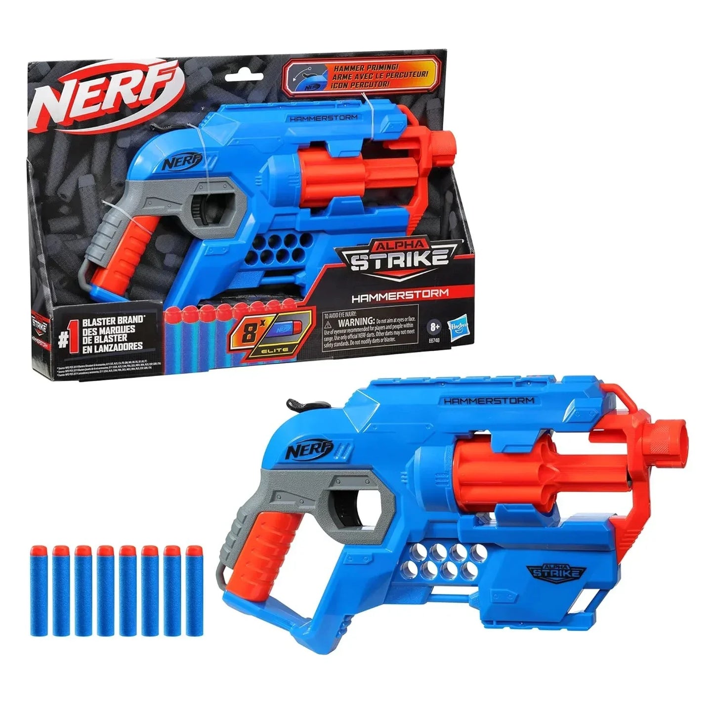 Nerf Alpha Strike Hammerstorm Blaster – Hammer-Priming Action, Rotating 8-Dart Drum, 8 Official Nerf Elite Darts – for Children, Teens, Adults, Multicolor - Jaiman Toys