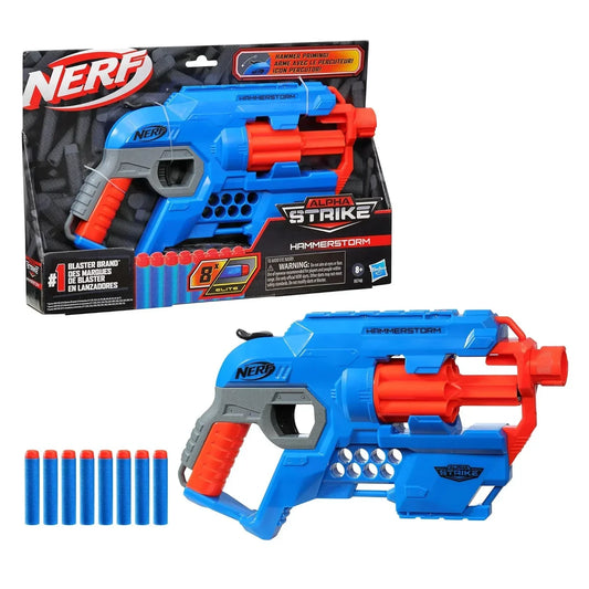 Nerf Alpha Strike Hammerstorm Blaster – Hammer-Priming Action, Rotating 8-Dart Drum, 8 Official Nerf Elite Darts – for Children, Teens, Adults, Multicolor (E6748) - Jaiman Toys