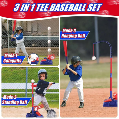 3-in-1 Kids Baseball Set – Tee Stand, Hanging Tee & Ball Launcher with 6 Balls | Adjustable Height Outdoor Game (Ages 3–12) - Jaiman Toys