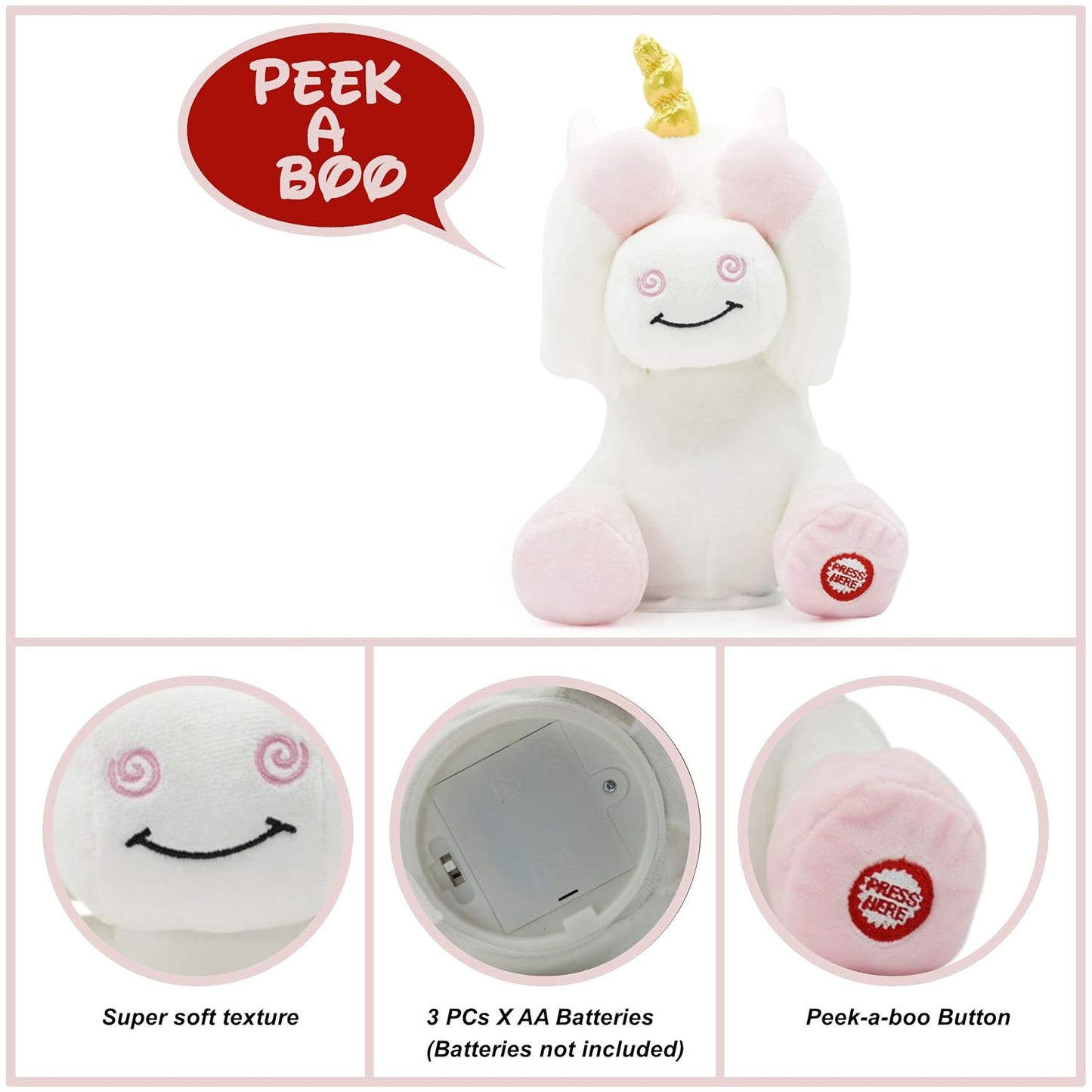 Fuzzbuzz Plugs at Play Agnes the Unicorn Plush Toy | Interactive Peek-a-Boo Soft Stuffed Unicorn for Kids | Musical Plush Toy | Ages 3+