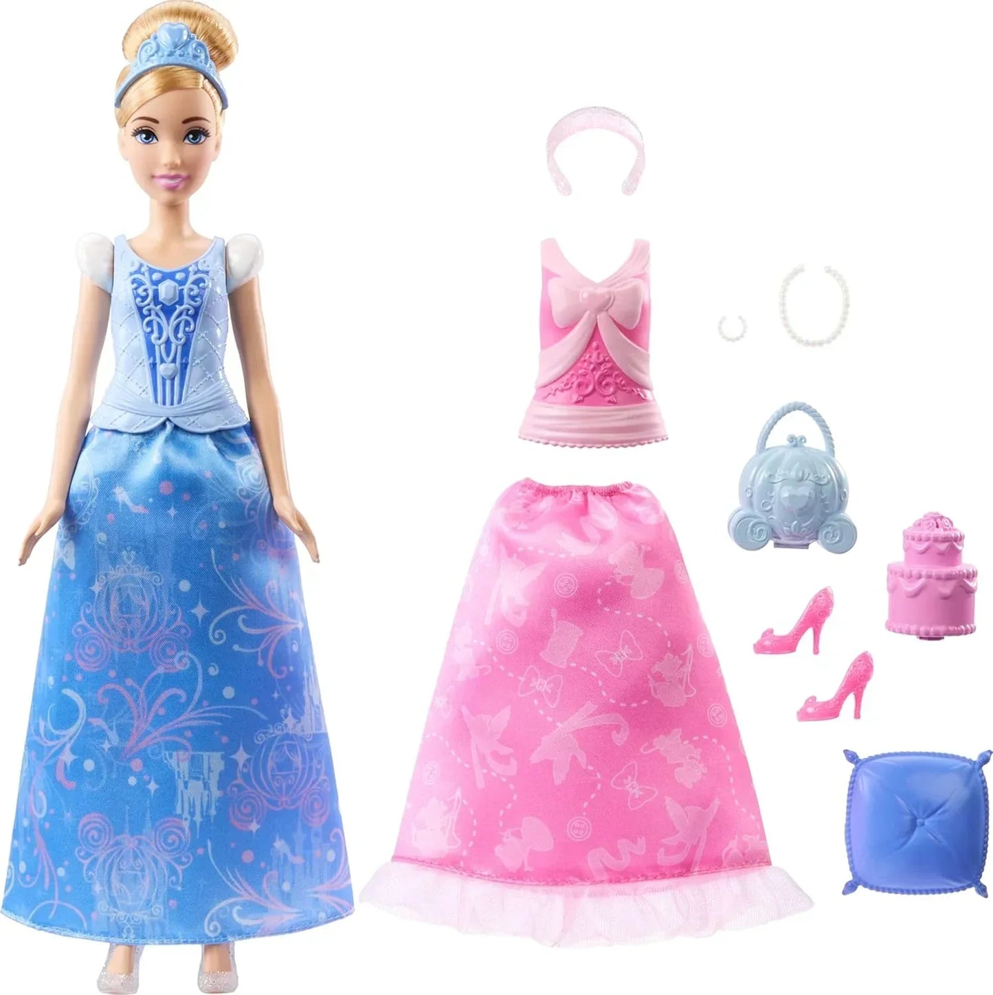 Disney Princess 2-in-1 Stories Cinderella Fashion Doll with 2 Snap-On Bodices, 2 Skirts & 9 Accessories - Jaiman Toys