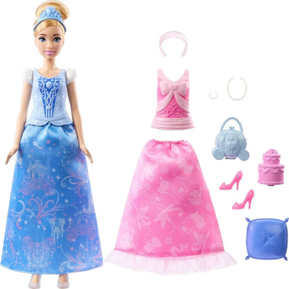 Disney Princess 2-in-1 Stories Cinderella Fashion Doll with 2 Snap-On Bodices, 2 Skirts & 9 Accessories - Jaiman Toys