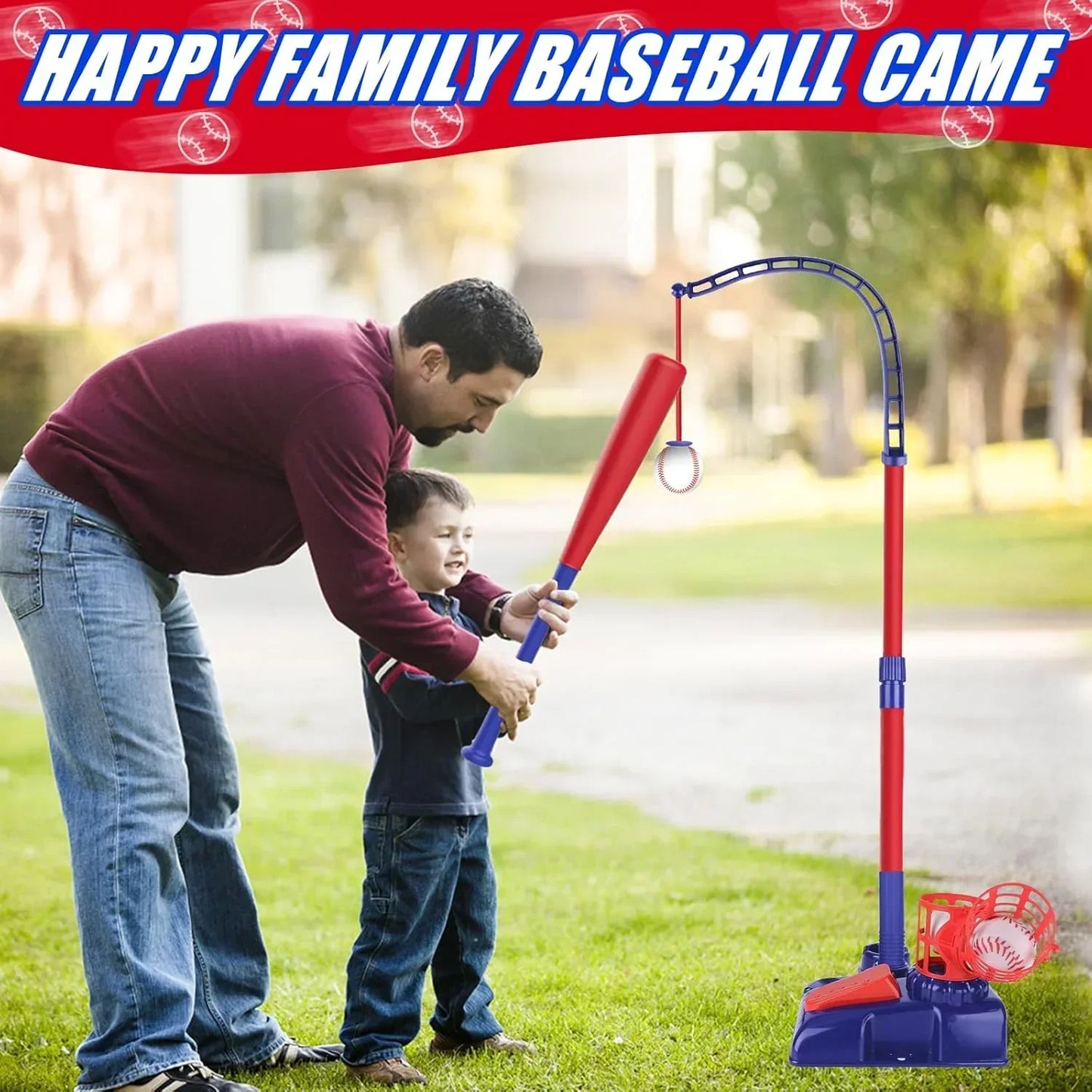 3-in-1 Kids Baseball Set – Tee Stand, Hanging Tee & Ball Launcher with 6 Balls | Adjustable Height Outdoor Game (Ages 3–12) - Jaiman Toys