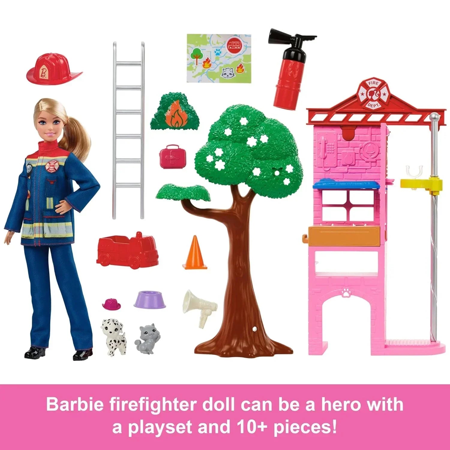 Barbie Careers Firefighter Doll & Playset with Fire Station & Tree, 2 Pets, Color-Change & 10+ Accessories Including Fire Extinguisher Squirt Toy - Jaiman Toys