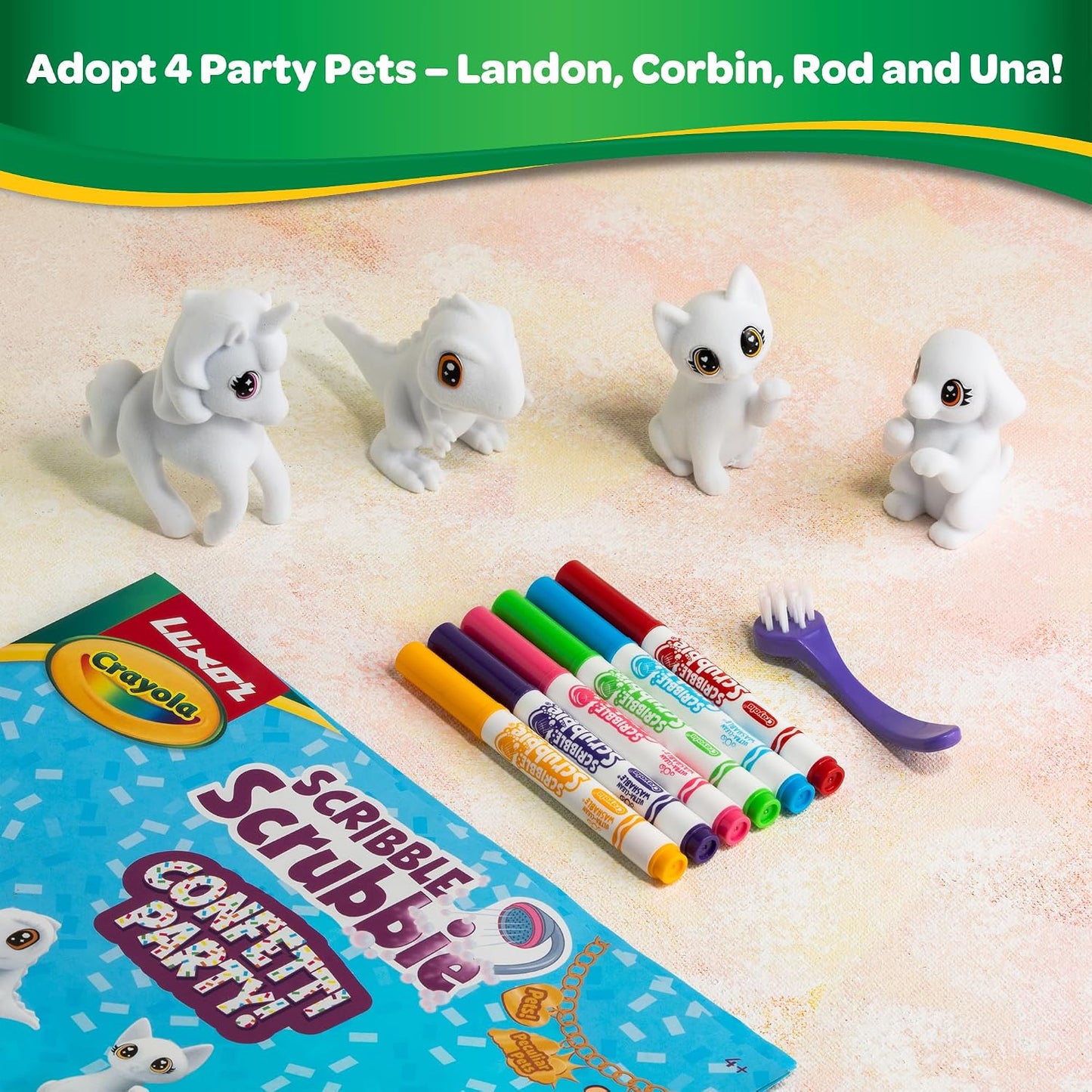 Luxor Crayola Scribble Scrubbie Confetti Party, 4 Washable Pets, 6 Markers & 1 Scrub Brush, Non-Toxic, Gift for Kids