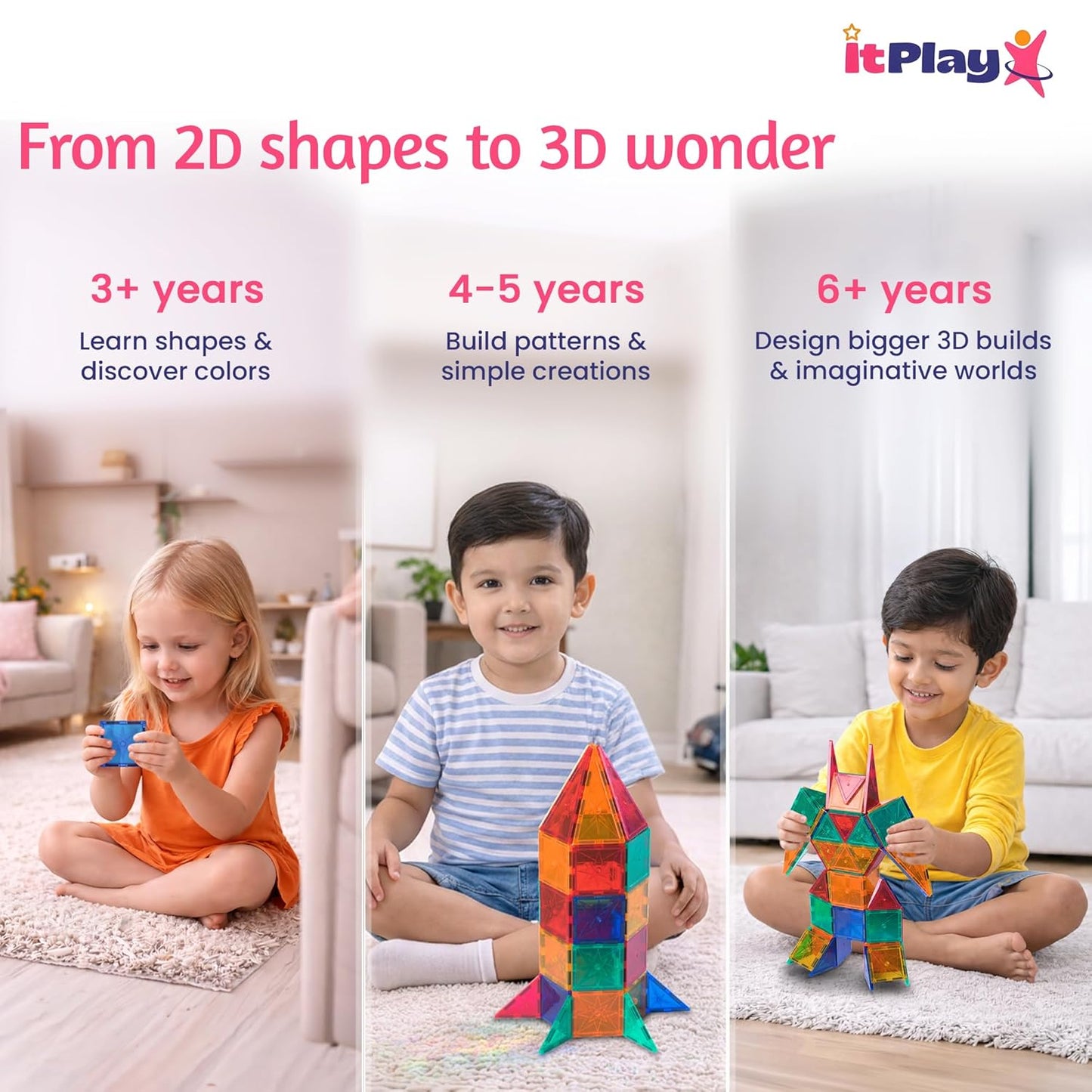 ItPlay Magnetic Tiles 68 Pieces Set for Kids | STEM Educational Magnetic Building Blocks Construction Toy