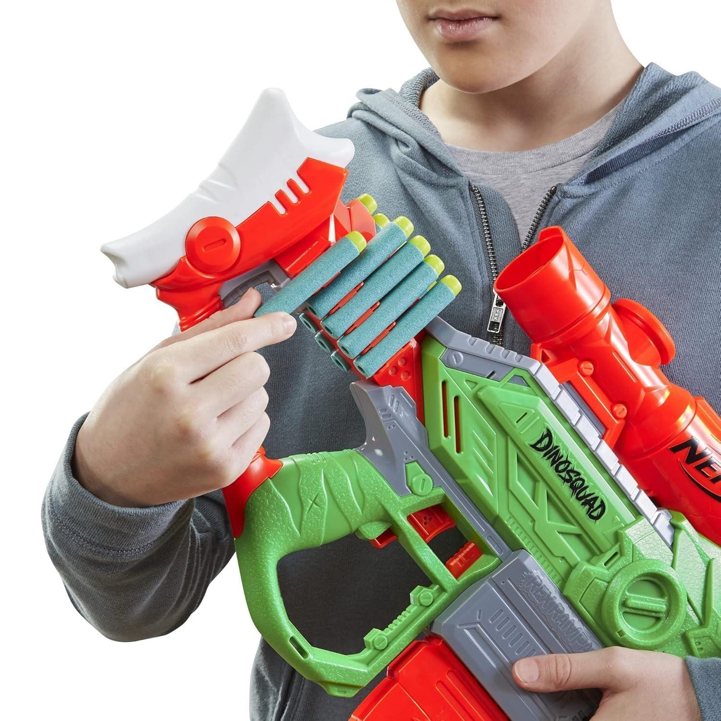 Nerf DinoSquad Rex-Rampage Motorized Dart Blaster, 10-Dart Clip, 20 Official Darts, 10-Dart Storage- T-Rex Dinosaur Design - Jaiman Toys