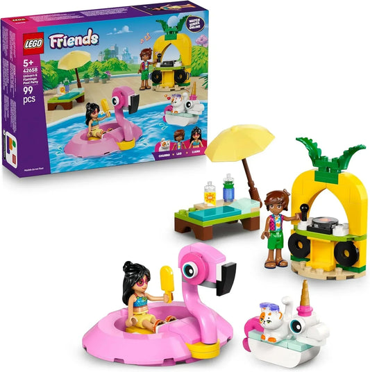 LEGO Friends 42658 Unicorn & Flamingo Pool Party Toy with Animal 'Floaties', 2 Mini Dolls, Churro the Cat & Accessories incl. a DJ Booth & Sunbeds - Creative Gift for 5+ Year Old girls