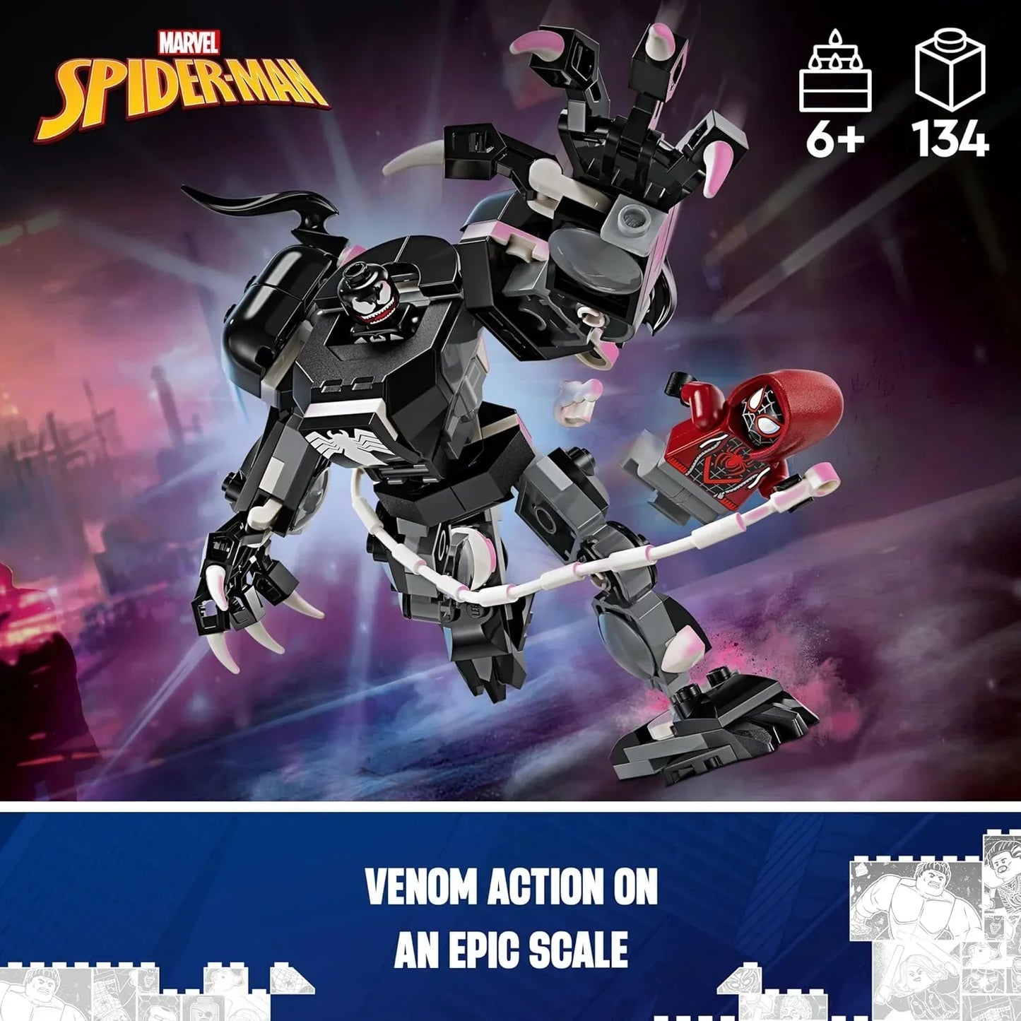LEGO Marvel Spider-Man Venom action figure set with 134 pieces, ages 6 and up, featuring Venom and Spider-Man minifigures in battle.