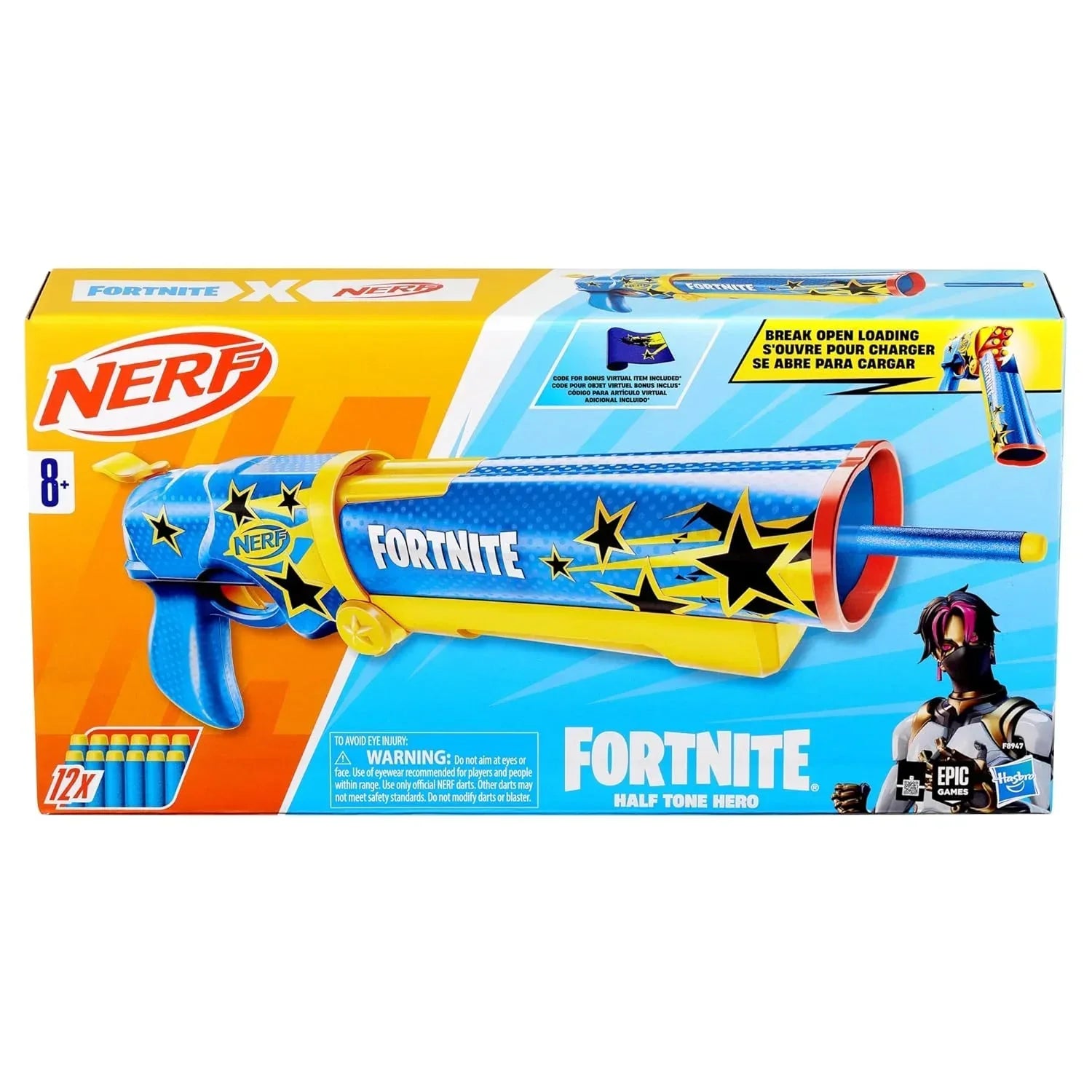 Nerf Fortnite Half Tone Hero Blaster, Bonus Code to Unlock Half Tone Hero Wrap in The Game, Break Open Loading, 12 Nerf Elite Darts - Jaiman Toys