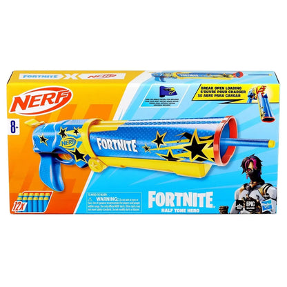 Nerf Fortnite Half Tone Hero Blaster, Bonus Code to Unlock Half Tone Hero Wrap in The Game, Break Open Loading, 12 Nerf Elite Darts - Jaiman Toys