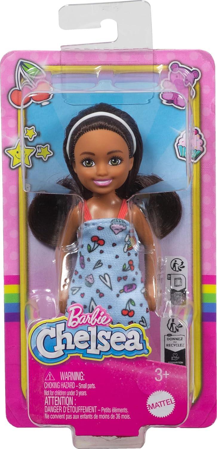 Barbie Chelsea Doll, Small Doll Wearing Removable Blue Dress with Colorful Print & Pink Shoes, Brown Hair & Green Eyes - Jaiman Toys