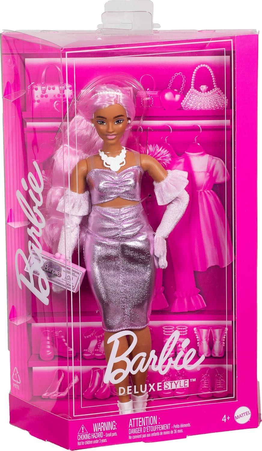 Barbie Deluxe Style Doll #1 in Barbiecore Outfit, Pink Hair and Glossy Pink Dress with Accessories Like Velvet Gloves, Money Purse, and More - Jaiman Toys