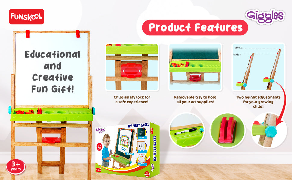 Giggles Funskool My First Easel, 4in1 Double Sided Wooden Magnetic Board with Alphabets & Numbers, Learning, Fun & Engaging Activity,