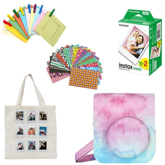 Instax mini film, colorful photo frames, patterned photo cards, canvas tote bag, pastel camera case.