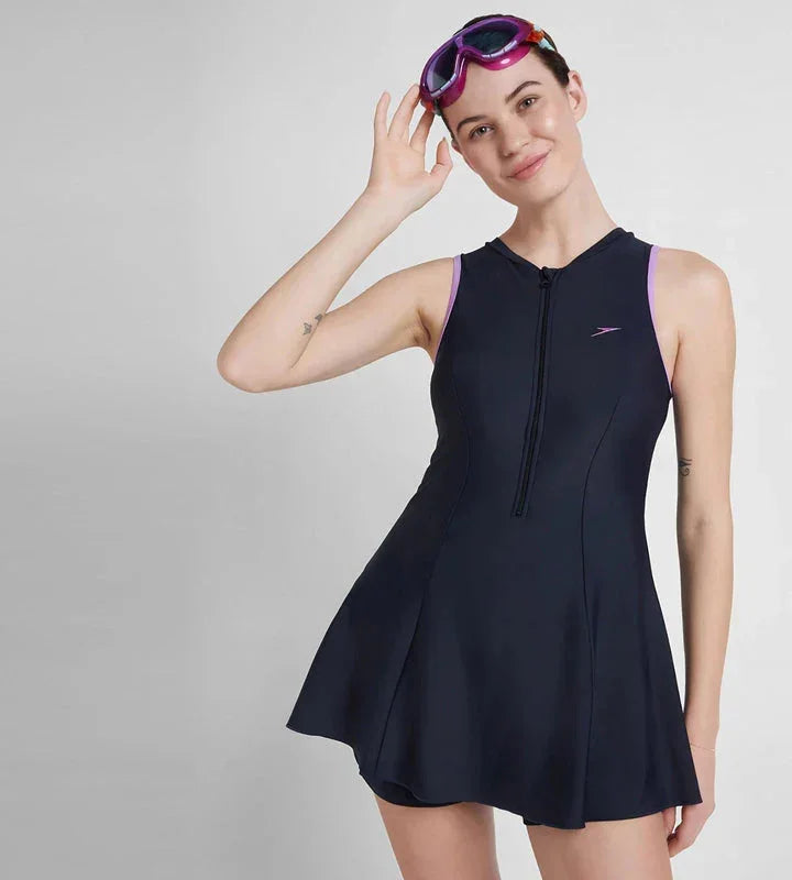 Speedo Women's Endurance 10 Closedback Swimdress With Boyleg - True Navy & Sweet Purple - Jaiman Toys
