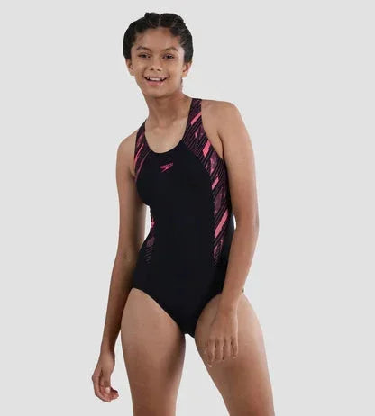 Speedo Girl's Endurance 10 Hyperboom Splice Racerback One-Piece V-Cut Swimsuit – True Navy & Electric Pink, Size 24 | Chlorine Resistant & UPF 40+ - Jaiman Toys