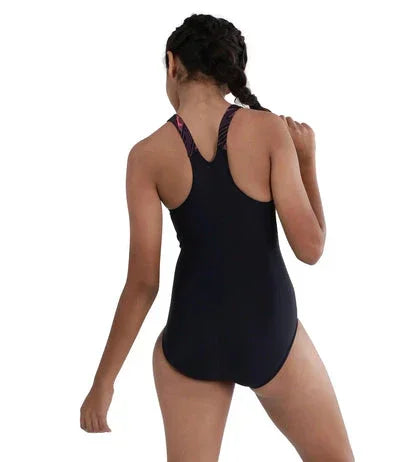 Speedo Girl's Endurance 10 Hyperboom Splice Racerback One-Piece V-Cut Swimsuit – True Navy & Electric Pink, Size 24 | Chlorine Resistant & UPF 40+ - Jaiman Toys