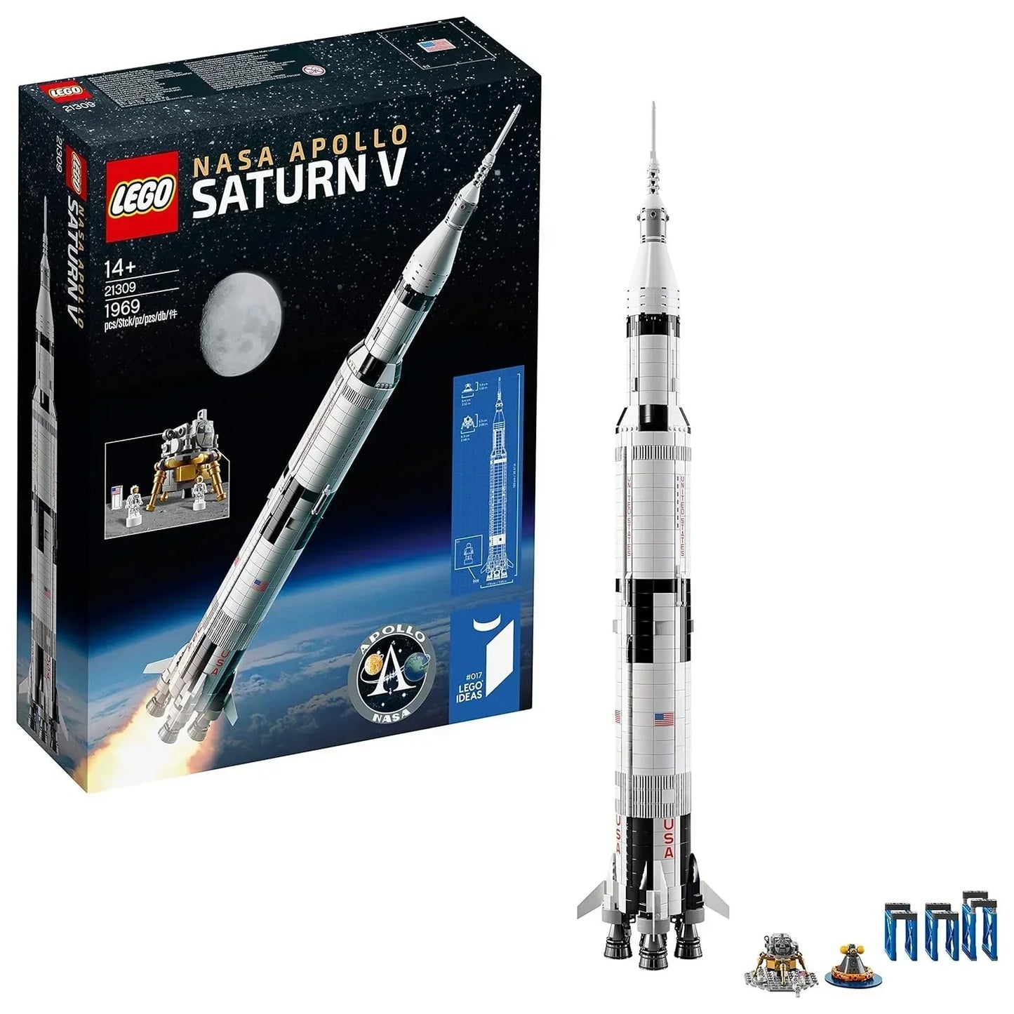 LEGO NASA Apollo Saturn V building set with rocket model, box, and mini lunar module toys