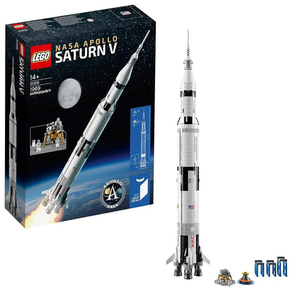 LEGO NASA Apollo Saturn V building set with rocket model, box, and mini lunar module toys